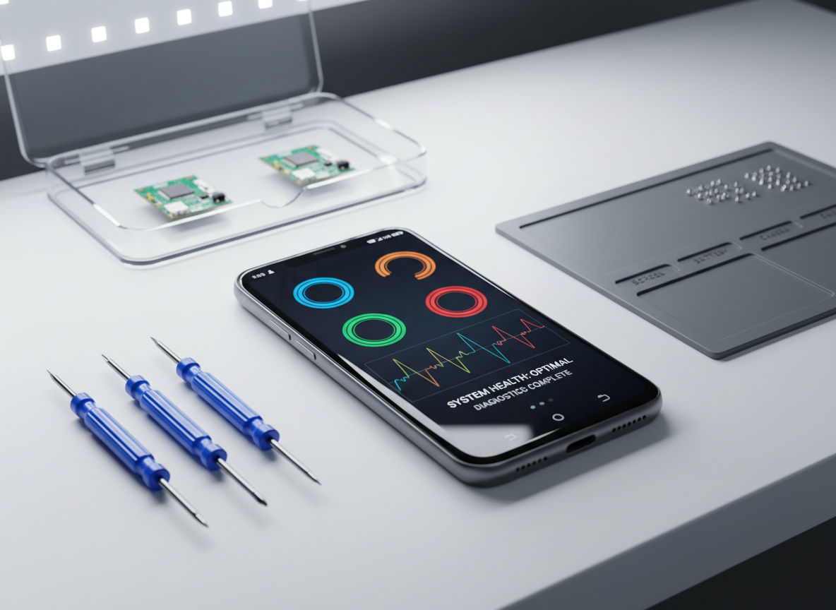 A sleek black smartphone with a slightly curved glass screen and brushed metal frame lying on a clean white workbench, its display opened to a diagnostics screen with colorful icons and graphs. Around it, neatly arranged precision screwdrivers, a magnetic parts mat with tiny labeled screws, and an open anti-static tray holding circuit boards create a sense of order. Cool, diffused light from an overhead LED panel casts soft reflections on the glass and subtle shadows on the bench. Shot at eye level with a shallow depth of field, the phone is in crisp focus while the background tools blur slightly. The mood is professional, meticulous, and trustworthy, with a clean, photographic realism suited to a modern electronics repair business homepage hero image.