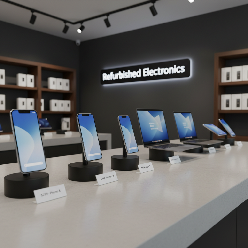A tidy corner of an electronics shop dedicated to refurbished devices, featuring a row of like-new smartphones and compact laptops standing on individual matte black stands atop a light concrete counter. Each device has a small minimalist price placard and displays a clean home screen with subtle blue tones. In the background, a dark grey wall hosts a simple backlit sign with a generic “Refurbished Electronics” text, slightly out of focus, and shelves with boxed accessories. Soft, diffused track lighting from above creates an even, professional illumination with gentle highlights along device edges. Shot from a low, slightly angled perspective, the composition leads the eye along the line of devices, with the nearest in razor-sharp focus. The mood is trustworthy and premium, emphasizing quality second-hand electronics in realistic photographic detail.