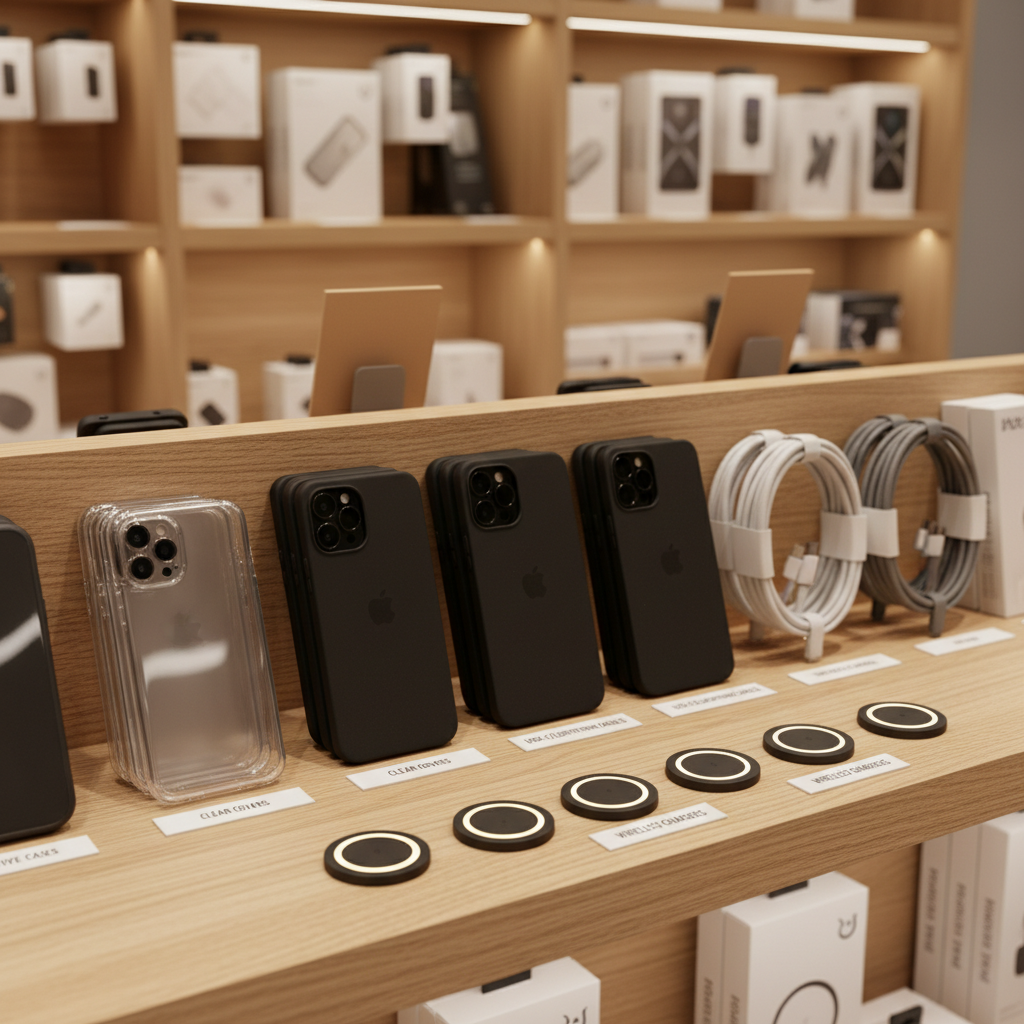 An orderly display of smartphone accessories arranged on a light oak retail shelf: matte black protective cases, transparent shock-absorbing covers, braided USB-C and Lightning cables in muted grey and white tones, and a row of compact wireless chargers with soft LED indicator rings. Each item is spaced carefully, with small minimalist labels beneath. The background shows additional shelves fading into a soft blur, filled with more accessories in cohesive, neutral packaging. Soft, warm overhead lighting creates a welcoming glow, with gentle reflections on plastic and metal surfaces but no harsh glare. Photographed at eye level using the rule of thirds, the focus rests on the central row of cases while the rest gradually falls out of focus. The mood is calm, organized, and professional, reinforcing a trustworthy electronics shop atmosphere with clean photographic realism.