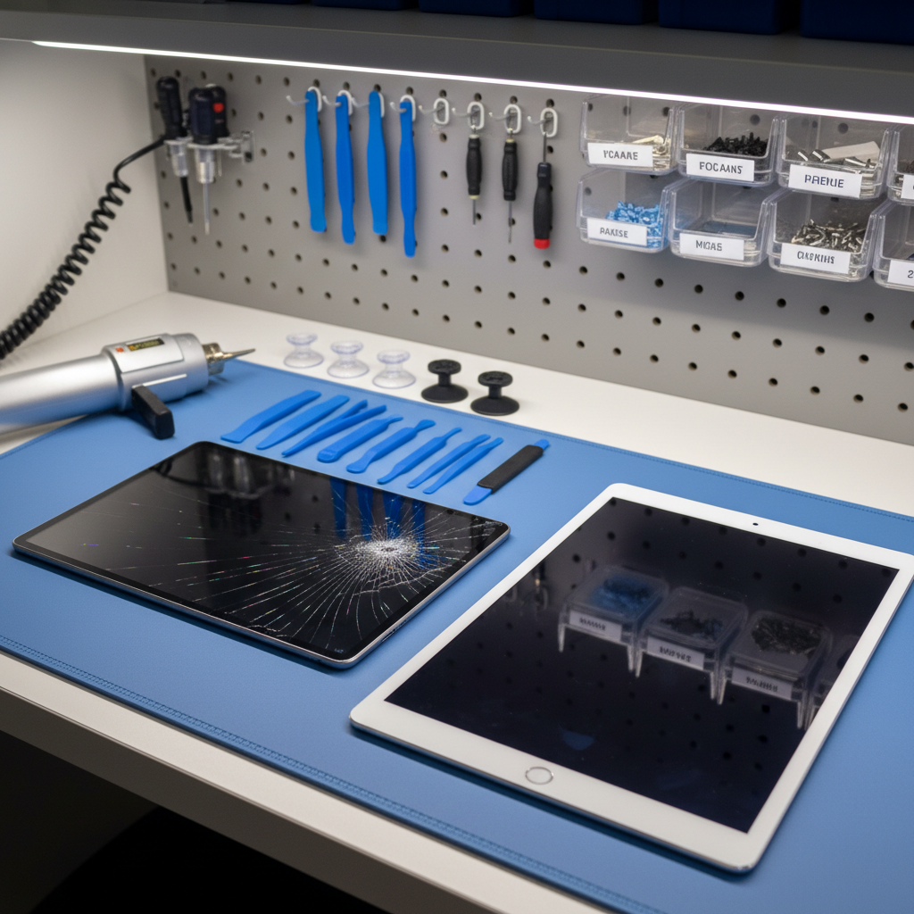 A compact workbench setup dedicated to tablet repair, featuring a medium-sized tablet with a cracked but still illuminated display resting on a blue anti-static mat. Next to it lies a new pristine replacement screen, its glass perfectly smooth and reflective. Precision opening tools, suction cups, and a heat gun are arranged in an orderly row along the top of the mat. Behind, a pegboard mounted on a neutral grey wall holds neatly hung tools and clear labelled bins of spare parts. Bright, even LED lighting from above ensures every detail is clearly visible, eliminating harsh shadows. Captured from a slightly elevated angle with a moderate depth of field, the tablet and replacement screen are sharply in focus. The mood is methodical and reassuring, showcasing professional repair procedures in a clean, photographic style perfect for a specialized service section.