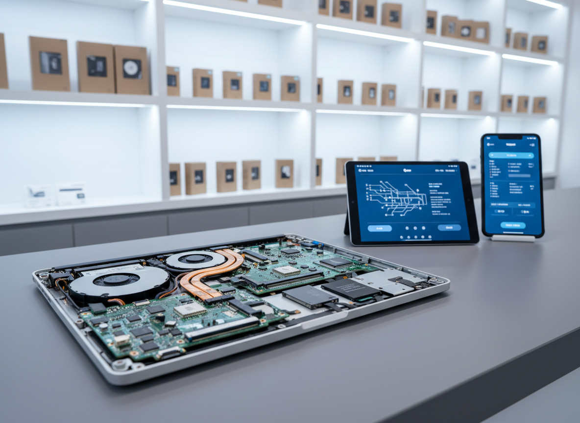 A modern electronics repair counter with a matte grey surface, featuring a disassembled laptop in the foreground. Its aluminium chassis is carefully opened to reveal a tidy green motherboard, copper heat pipes, and a solid-state drive, all immaculately clean. Beside it rests a slim tablet and a smartphone, both powered on with calm blue diagnostic interfaces. In the back, shelves display organized boxes of accessories and components in neutral packaging. Cool white studio lighting illuminates the scene evenly, creating clear visibility and gentle reflections on metal edges. Captured from a slightly elevated angle with balanced composition, everything is sharply in focus. The atmosphere is efficient and reassuring, emphasizing technical competence and attention to detail in a photographic, clean and modern style for an electronics repair and sales service page.