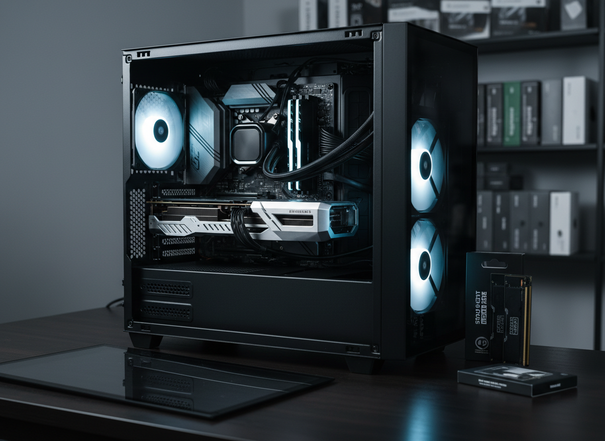 A close-up of a high-end gaming computer tower with a tempered glass side panel removed, exposing meticulously arranged internal components: a matte black motherboard, sleek graphics card with geometric lines, braided black power cables, and an RGB-lit cooling fan glowing softly in blue and white. The tower sits on a dark wooden desk, with a boxed SSD and RAM module nearby, ready for installation. A neutral grey wall and blurred rows of neatly stacked component boxes form the background. Cool, directional studio lighting from the left highlights the metallic surfaces and subtle textures of the components, casting gentle shadows. Shot at a three-quarter angle with a moderate depth of field, the composition feels precise and technical. The mood is modern and expert, ideal for illustrating computer upgrades and custom PC services in realistic photographic detail.